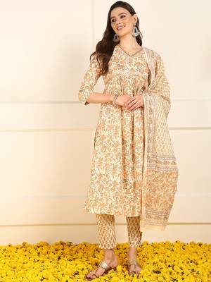 women orange pure cotton floral embroidered straight kurta trouser with dupatta 2