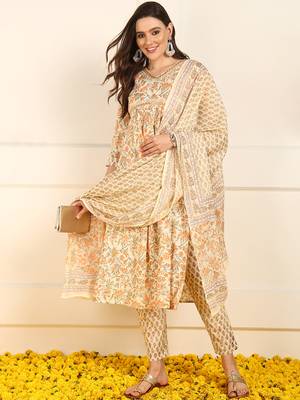 women orange pure cotton floral embroidered straight kurta trouser with dupatta 3