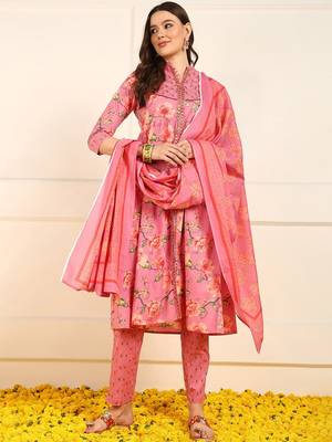 women pink pure cotton floral embroidered a-line kurta trouser with dupatta 1