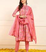women pink pure cotton floral embroidered a-line kurta trouser with dupatta