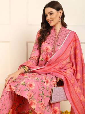 women pink pure cotton floral embroidered a-line kurta trouser with dupatta 2