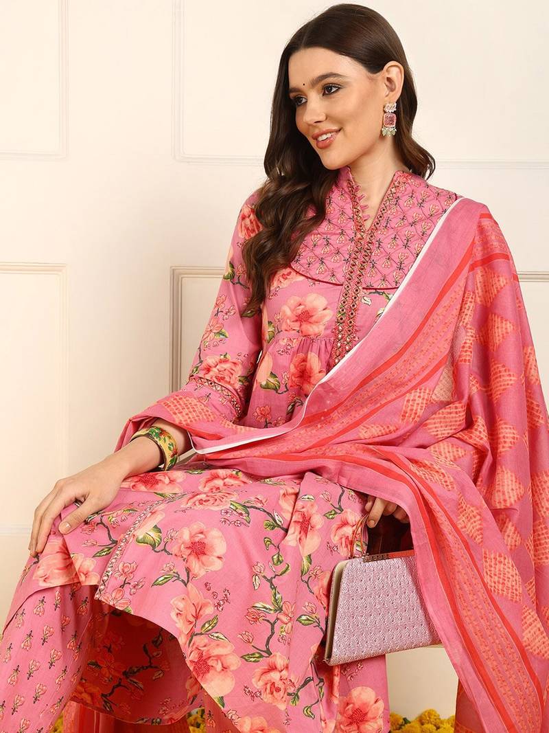 women pink pure cotton floral embroidered a-line kurta trouser with dupatta