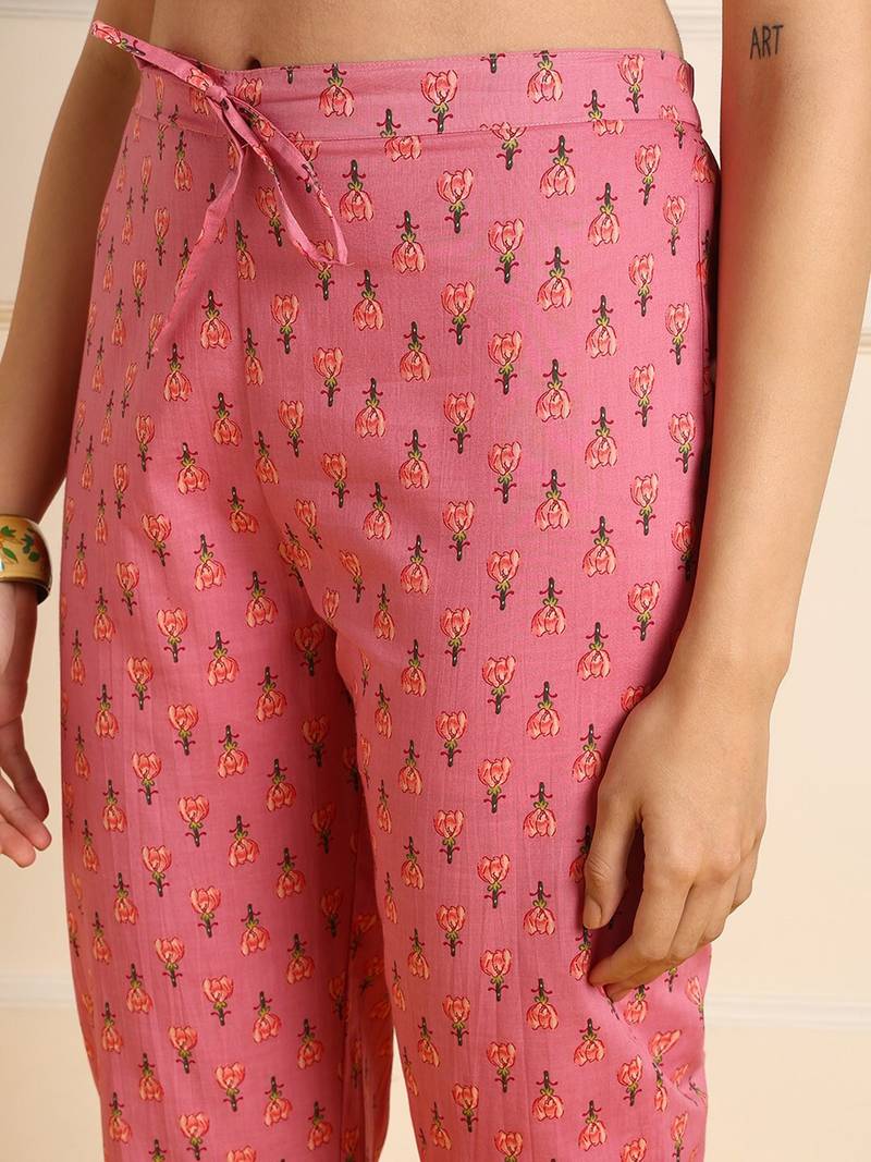 women pink pure cotton floral embroidered a-line kurta trouser with dupatta