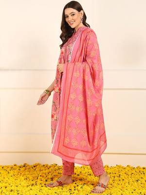 women pink pure cotton floral embroidered a-line kurta trouser with dupatta 5
