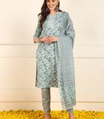 women green pure cotton floral embroidered straight kurta trouser with dupatta