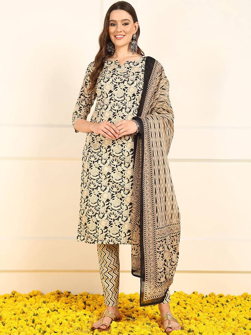 women black pure cotton floral printed straight kurta trouser with dupatta