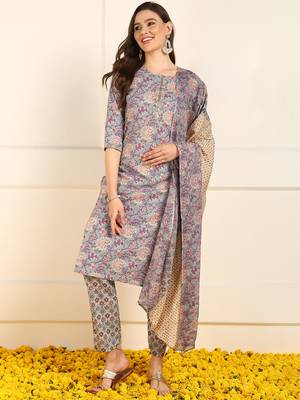 women blue pure cotton floral embroidered straight kurta trouser with dupatta 1