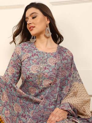 women blue pure cotton floral embroidered straight kurta trouser with dupatta 2