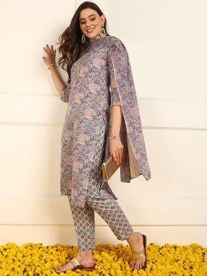 women blue pure cotton floral embroidered straight kurta trouser with dupatta 3