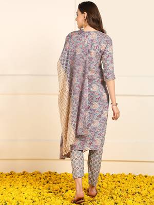 women blue pure cotton floral embroidered straight kurta trouser with dupatta 4