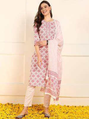 women pink pure cotton ethnic motifs printed straight kurta trouser with dupatta 1