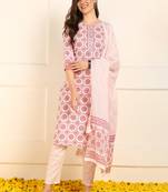 women pink pure cotton ethnic motifs printed straight kurta trouser with dupatta