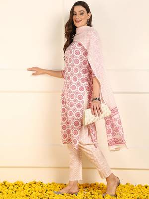 women pink pure cotton ethnic motifs printed straight kurta trouser with dupatta 3