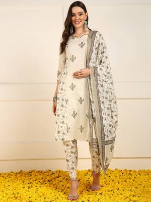 women cream pure cotton ethnic motifs printed straight kurta trouser with dupatta 1