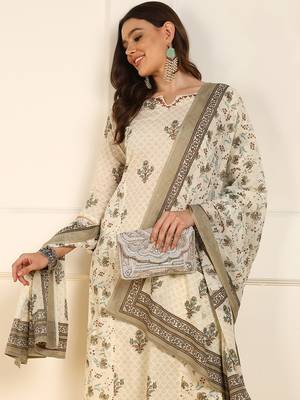 women cream pure cotton ethnic motifs printed straight kurta trouser with dupatta 2
