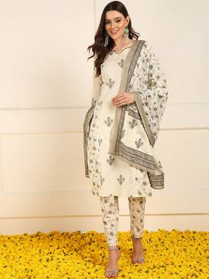 women cream pure cotton ethnic motifs printed straight kurta trouser with dupatta 3
