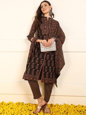 women brown pure cotton ethnic motifs embroidered straight kurta trouser with dupatta 1