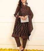 women brown pure cotton ethnic motifs embroidered straight kurta trouser with dupatta
