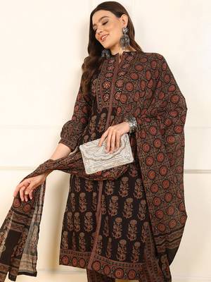 women brown pure cotton ethnic motifs embroidered straight kurta trouser with dupatta 2