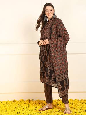 women brown pure cotton ethnic motifs embroidered straight kurta trouser with dupatta 3