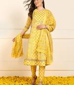 women yellow pure cotton floral embroidered anarkali kurta trouser with dupatta