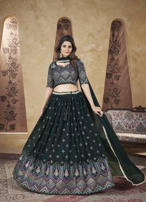 GREEN PIGMENT FOIL WORK GEORGETTE DESIGNER WEDDING PARTY WEAR FESTIVAL STITCHED LEHENGA CHOLI DUPATTA 1