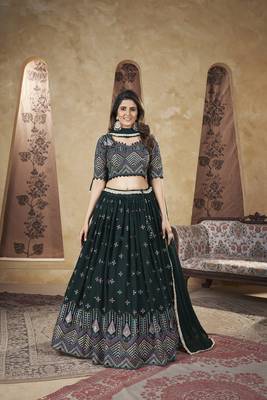 GREEN PIGMENT FOIL WORK GEORGETTE DESIGNER WEDDING PARTY WEAR FESTIVAL STITCHED LEHENGA CHOLI DUPATTA 5