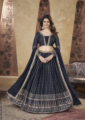 NAVY BLUE PIGMENT FOIL WORK GEORGETTE DESIGNER WEDDING PARTY WEAR FESTIVAL STITCHED LEHENGA CHOLI DUPATTA 1
