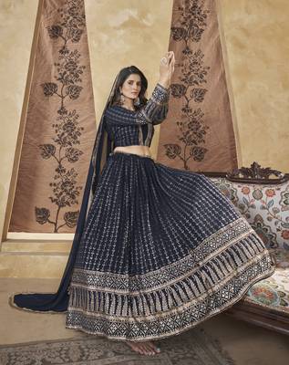 NAVY BLUE PIGMENT FOIL WORK GEORGETTE DESIGNER WEDDING PARTY WEAR FESTIVAL STITCHED LEHENGA CHOLI DUPATTA 3