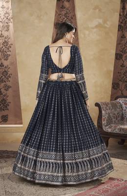 NAVY BLUE PIGMENT FOIL WORK GEORGETTE DESIGNER WEDDING PARTY WEAR FESTIVAL STITCHED LEHENGA CHOLI DUPATTA 4