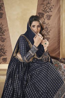 NAVY BLUE PIGMENT FOIL WORK GEORGETTE DESIGNER WEDDING PARTY WEAR FESTIVAL STITCHED LEHENGA CHOLI DUPATTA 5