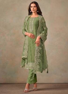 Olive organza resham embroidery straight suits 1