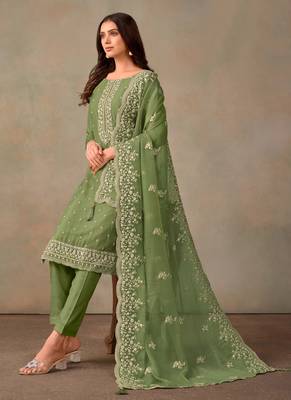 Olive organza resham embroidery straight suits 2