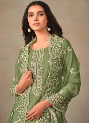 Olive organza resham embroidery straight suits 3