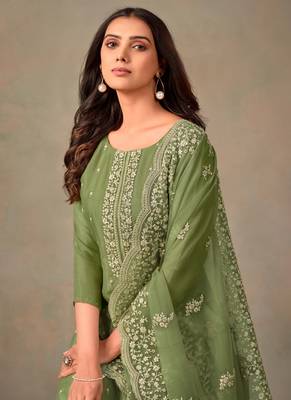 Olive organza resham embroidery straight suits 4