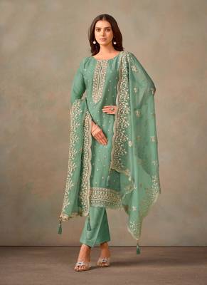 Turquoise organza resham embroidery straight suits 1