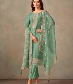 Turquoise organza resham embroidery straight suits