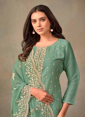 Turquoise organza resham embroidery straight suits 2