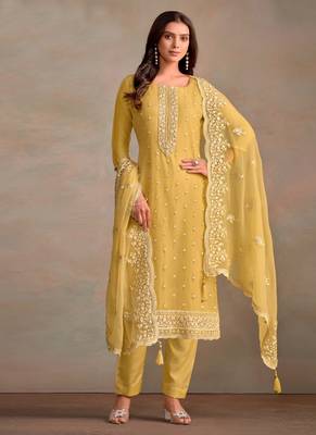 Yellow organza resham embroidery straight suits 1