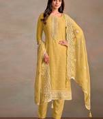 Yellow organza resham embroidery straight suits