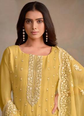 Yellow organza resham embroidery straight suits 2