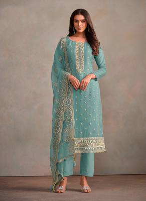 Aqua blue organza resham embroidery straight suits 1