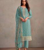 Aqua blue organza resham embroidery straight suits