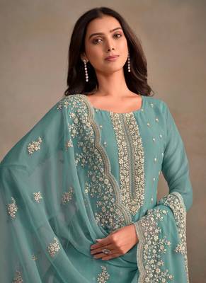 Aqua blue organza resham embroidery straight suits 2