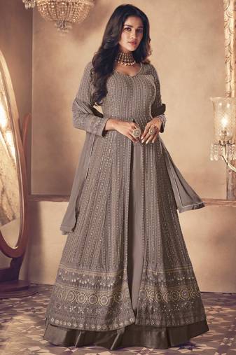 Beige georgette resham embroidery pakistani salwar kameez