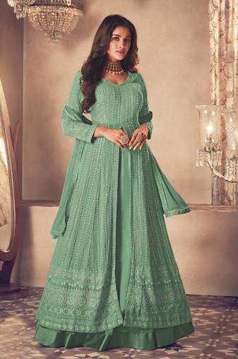 Turquoise georgette resham embroidery pakistani salwar kameez