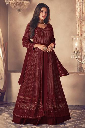 Maroon georgette resham embroidery pakistani salwar kameez