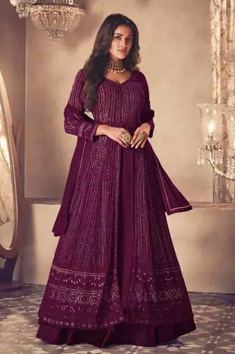 Wine georgette resham embroidery pakistani salwar kameez