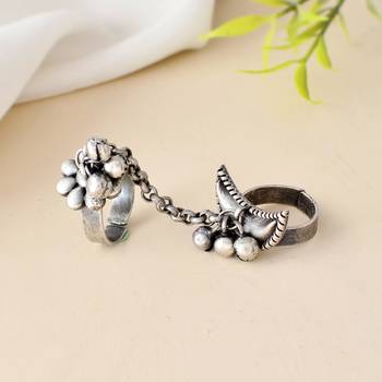 Sasha brass silver oxidised two finger trible style ring for women and girls 1