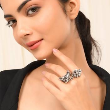 Sasha brass silver oxidised two finger trible style ring for women and girls 2